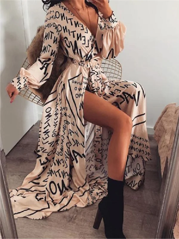 FashionSierra - Boho Printed Floral Long Maxi Dress Women Female Casual Loose Ankle-Length Empire V-Neck Long Splits Dresses Stylish Long Sleeve Maxi Dress