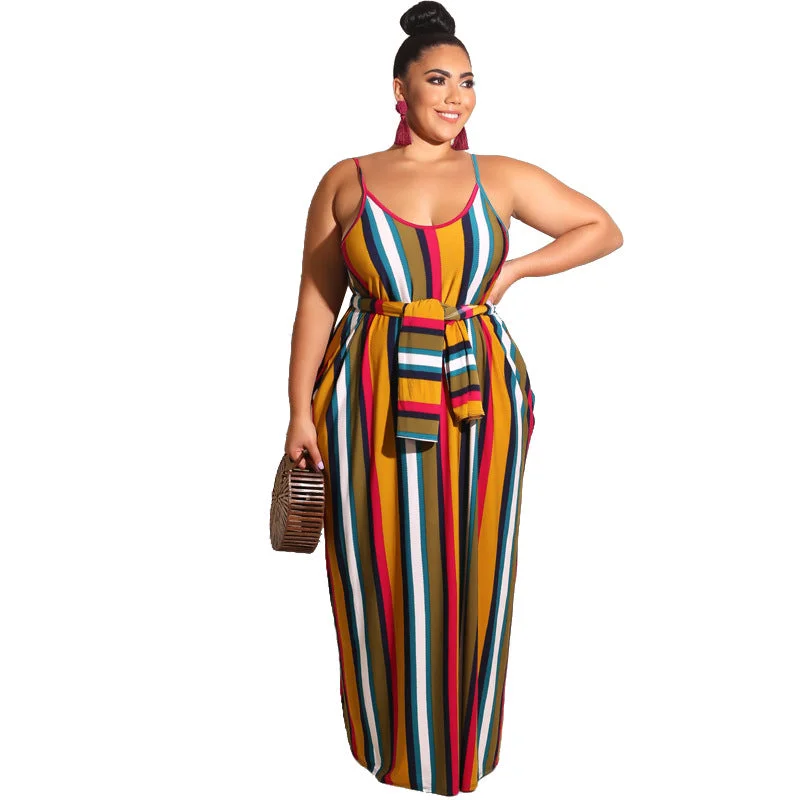 casual dress summer plus size women's striped loose belted suspender plus size dress summer maxi dresses women Elegant Maxi Dress with Slit