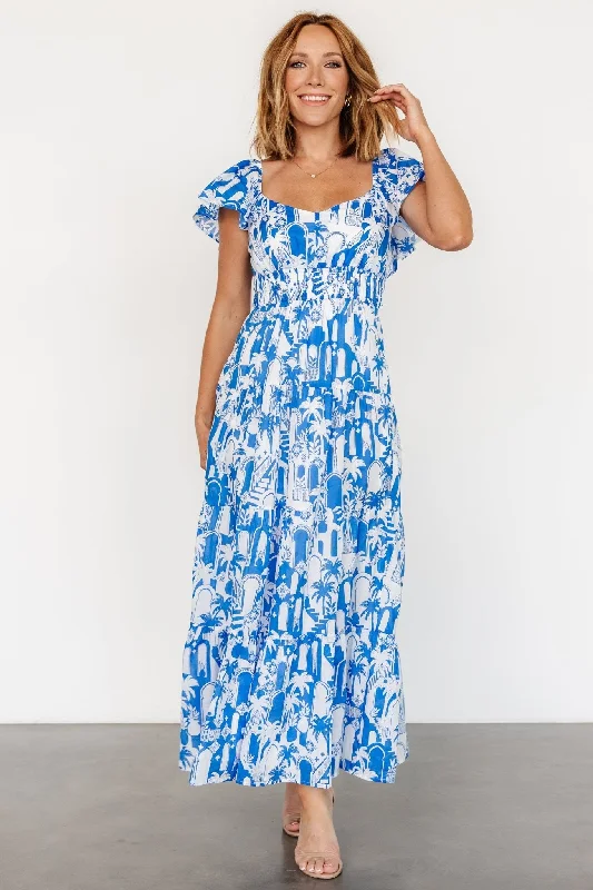 Catira Maxi Dress | Blue + White Comfortable Maxi Dress with Slits