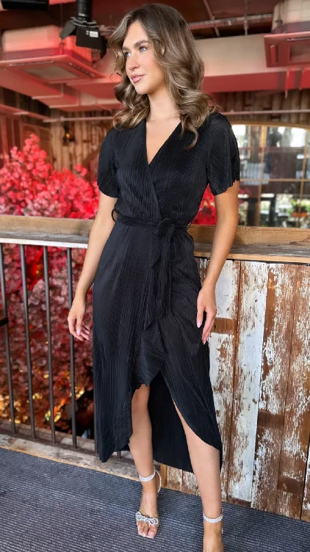 Celyn Black Plisse Split Hem Frill Detail Maxi Dress Stylish Boho Chic Maxi Dress