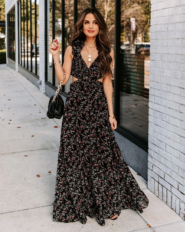 Charlotta Floral Ruffle Cutout Maxi Dress - Black - FINAL SALE Elegant Maxi Dress with Belt