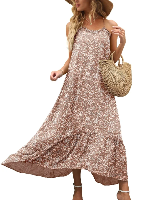 Conch Printed High Low Ruffle Maxi Dress Fashionable Open-Back Maxi Dress