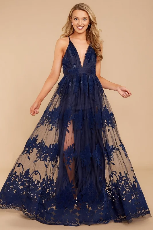 Crossing Paths Velvet Tulle Maxi Dress - Navy - FINAL SALE Trendy Off-Shoulder Ruffle Maxi Dress