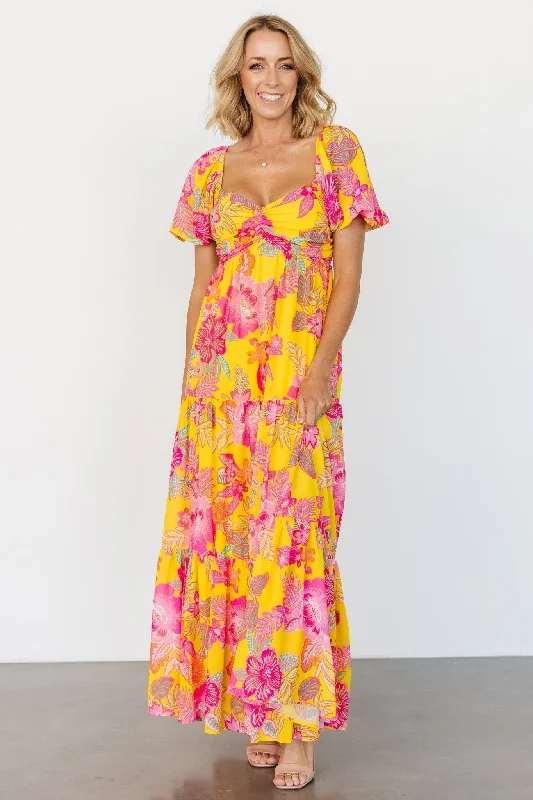 Darla Maxi Dress | Yellow + Pink Floral Elegant Maxi Dress with Pockets