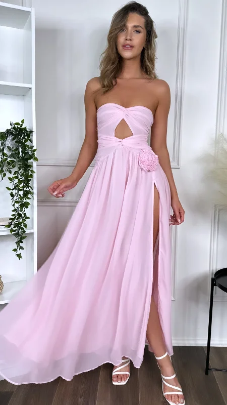 Dominique Pink Strapless and Corsage Detail Maxi Dress Elegant Maxi Dress with Belt