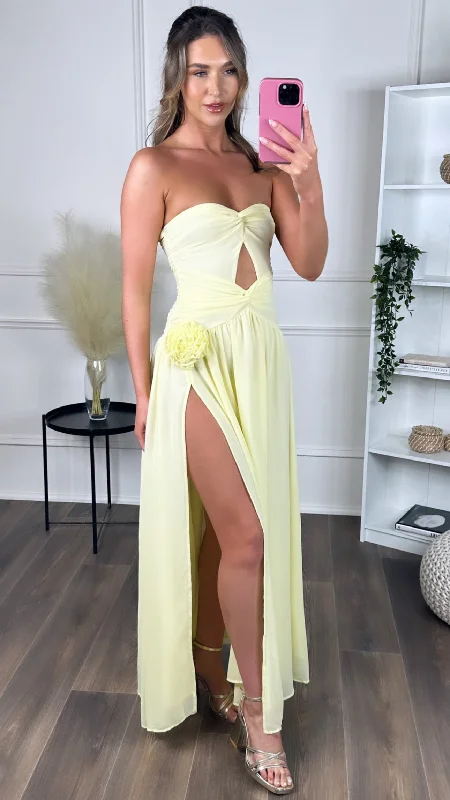 Dominique Yellow Strapless and Corsage Detail Maxi Dress Classic A-Line Maxi Dress