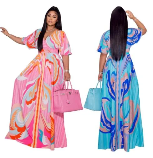 Elegant Floral Print Maxi Beach Dresses V Neck Flare Sleeve Women Maxi Dress 2022 Side Split Dresses Women For Church Classic Strapless Maxi Dress