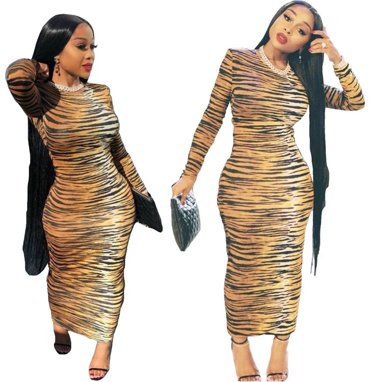 fall clothing for women polyester long sleeve zebra stripe bodycon maxi dress women Trendy Printed Maxi Dress