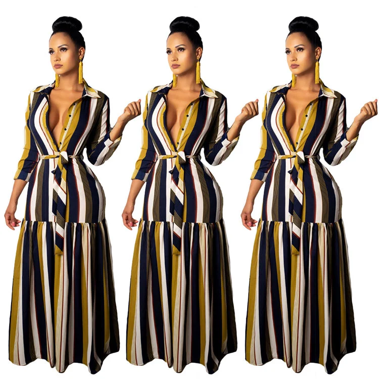 fashion stripe turn-down collar women long sleeve maxi dress bandage dresses 2020 New Elegant Pleated Maxi Dress