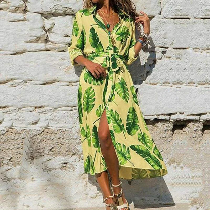 FashionSierra - Fashion Women Summer Boho Floral Slit Long Maxi Dress Holiday Party Ladies Casual Beach Loose Dresses Sundress Stylish Off-Shoulder Maxi Dress