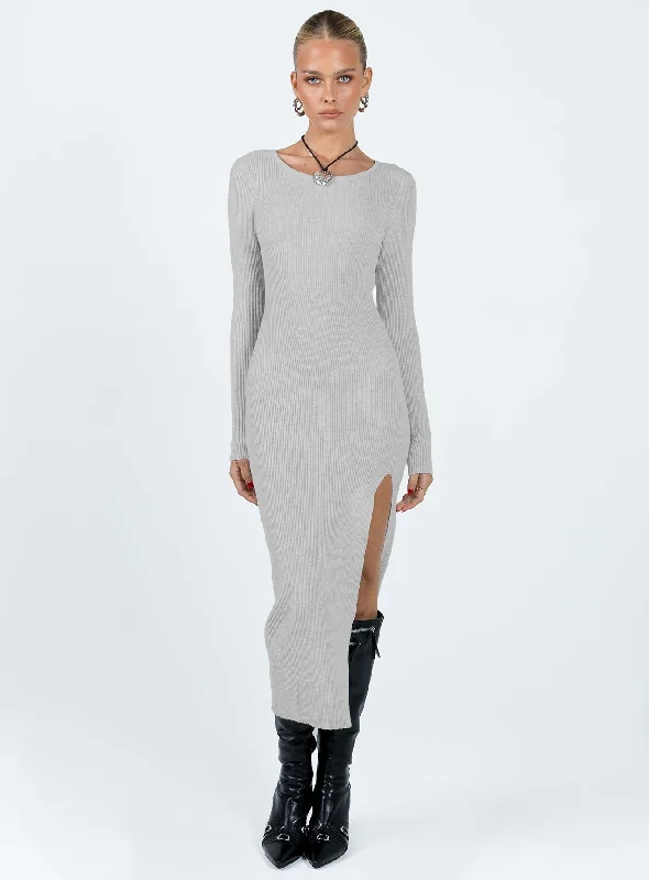 Fitro Long Sleeve Maxi Dress Grey Trendy Maxi Dress with Bow