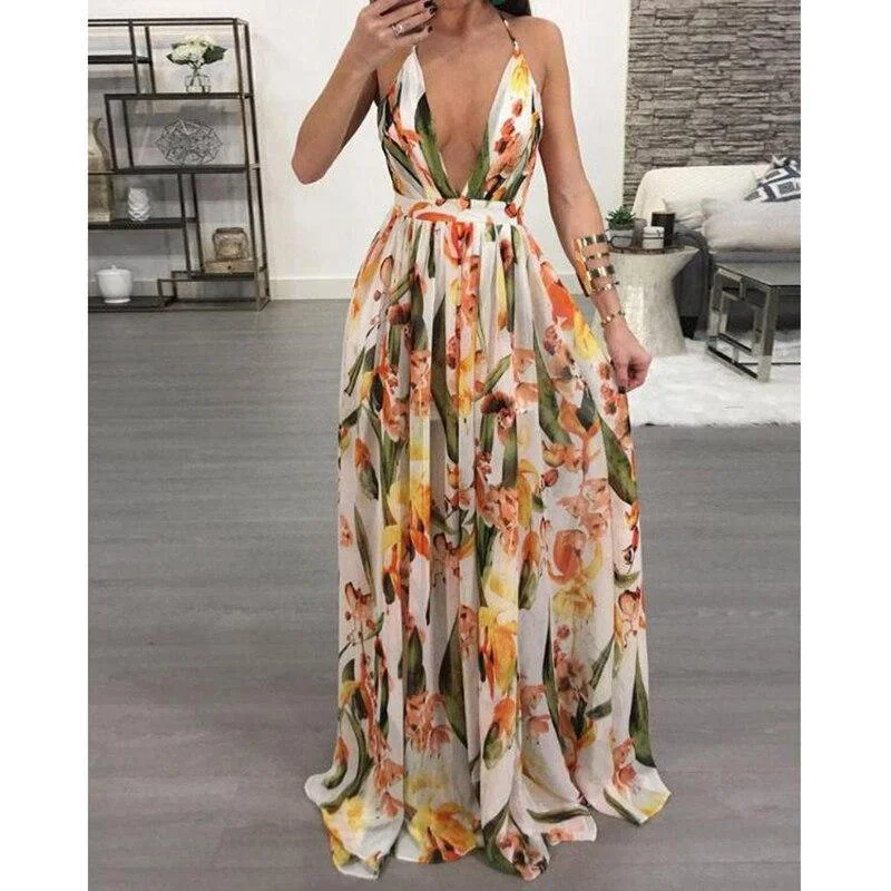 FashionSierra - Floral deep v neck backless maxi dress women Sleeveless flower print bohemian long dress Fashion long summer beach dresses Elegant Wraparound Maxi Dress