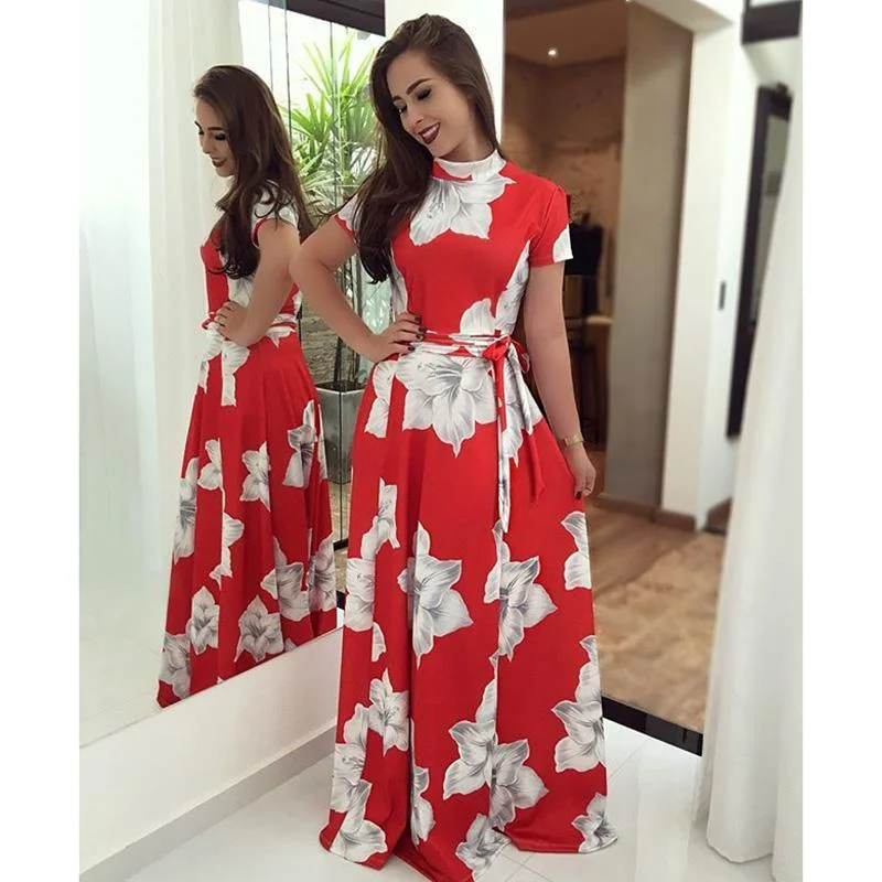 FashionSierra - Flower print turtleneck long summer dress Women sashes pleated long dress Elegant womens maxi dresses red vestidos mujer Stylish Button-Up Maxi Dress