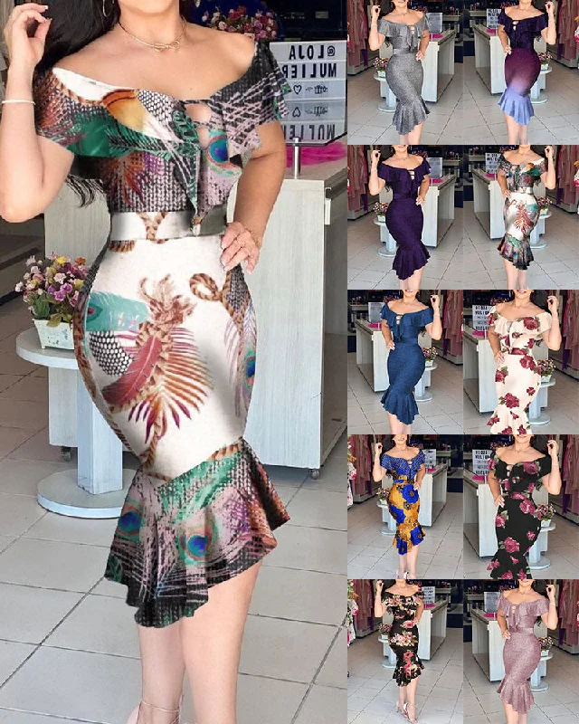 J&H 2022 summer on sale trendy print fishtail skirt plus size bodycon maxi dress women 3XL long casual dresses Fashionable Button-Down Maxi Dress