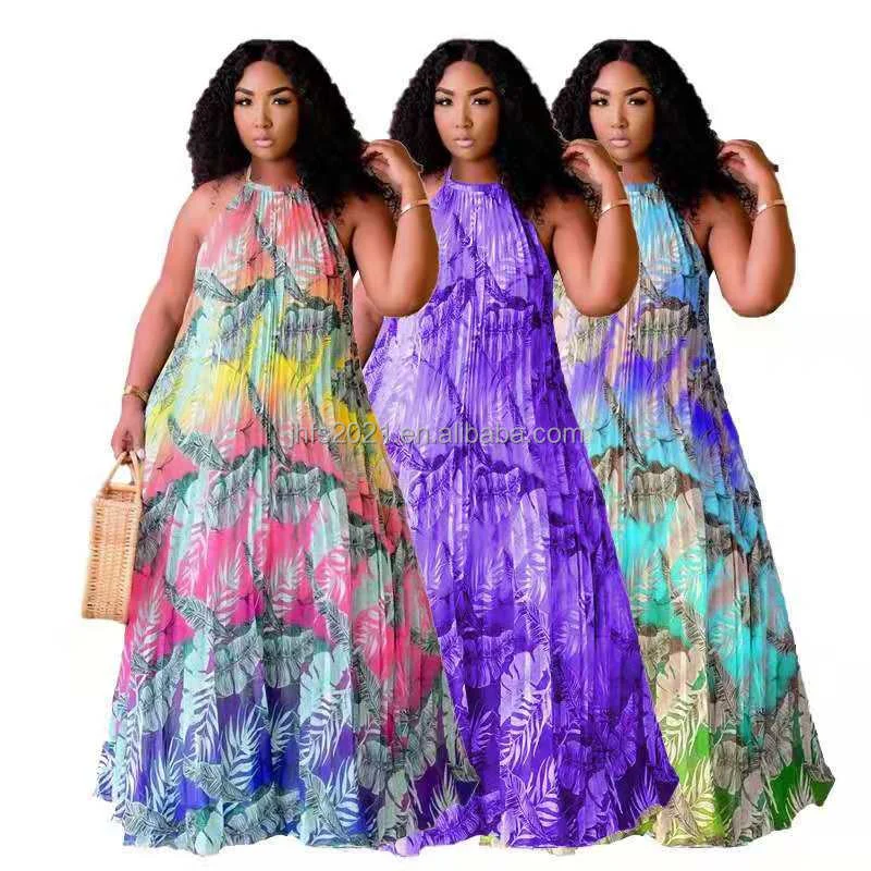 J&H fashion multi color printed halter ruched dress for women plus size casual loose maxi dress sexy boho beach dress Elegant Wraparound Maxi Dress