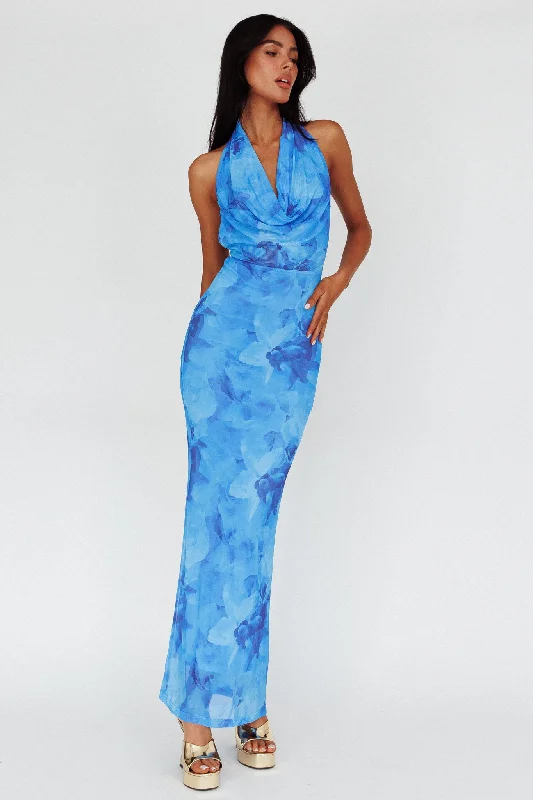 Janika Halterneck Maxi Dress Floral Blue Elegant Wraparound Maxi Dress