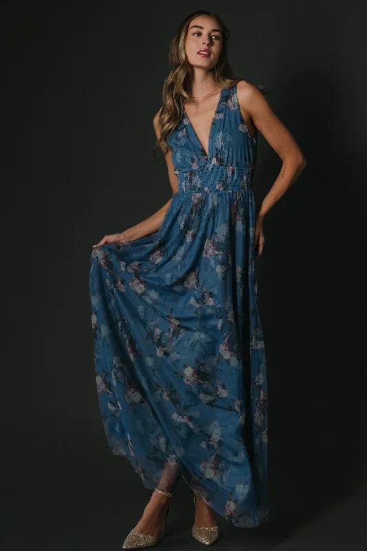 Kamila Tulle Maxi Dress | Blue Multi Floral Trendy Button Front Maxi Dress