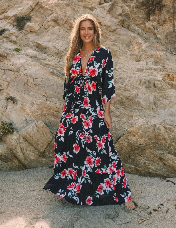Kaydence Floral Kimono Tie Maxi Dress - FINAL SALE Trendy Maxi Dress with Lace