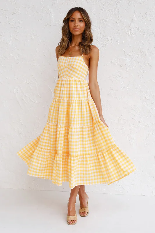 Kinslee Smocked Gingham High Low Maxi Dress - Yellow Trendy Short Sleeve Maxi Dress