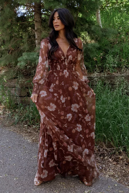 Layla Tulle Maxi Dress | Chestnut Floral Elegant Maxi Dress with Ruffles