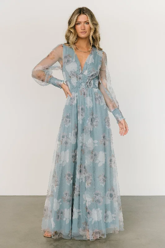 Layla Tulle Maxi Dress | Light Blue Floral Cozy Cold-Shoulder Maxi Dress