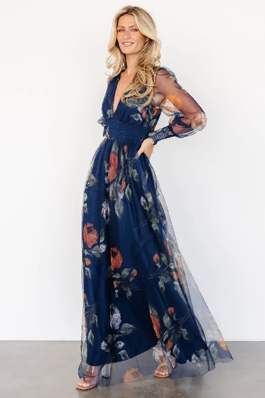 Layla Tulle Maxi Dress | Navy Blue Floral Trendy Floral Print Maxi Dress