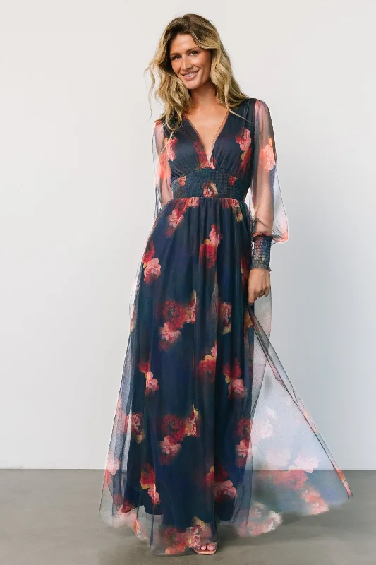 Layla Tulle Maxi Dress | Topaz Ombre Floral Stylish One-Shoulder Maxi Dress