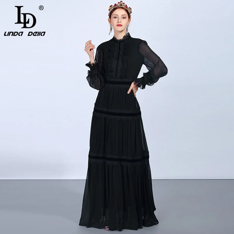 LD LINDA DELLA Fashion Runway Maxi Dresses Women's Long Sleeve Lace Patchwork Ruffles Vintage Black Dress Elegant Party Dress Classic Solid Maxi Dress