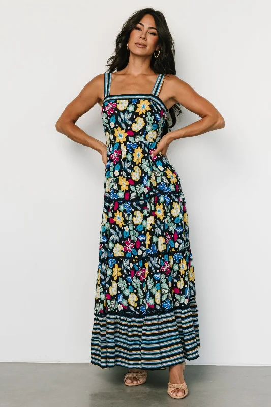 Lucia Tank Maxi Dress | Black Multi Print Elegant Maxi Dress with Lace