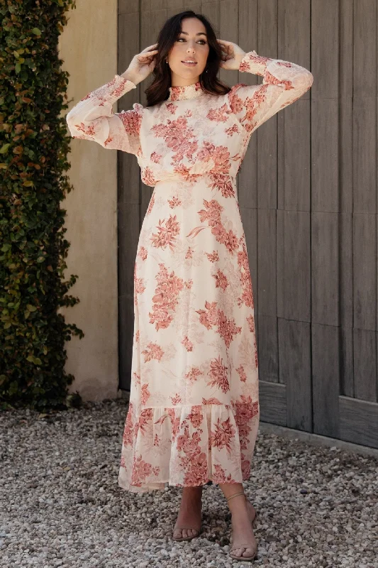 Luciana Maxi Dress | Beige + Rose Trendy Ruffled Maxi Dress