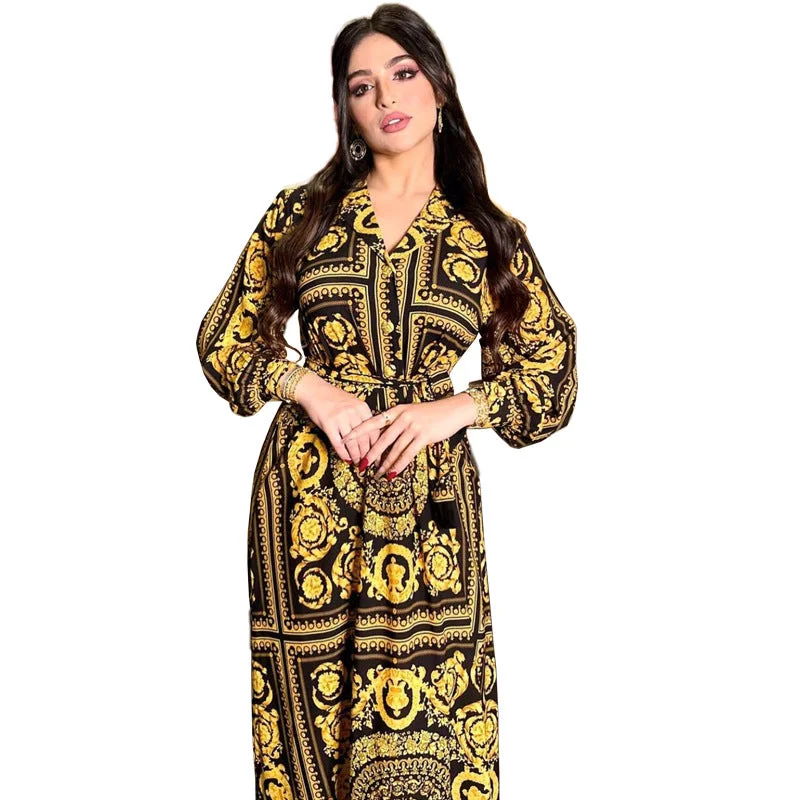 Luxury Print Floral Abaya Long Dress Islamic Clothing with Belt Fashion Casual Lapel Arabic Dubai Women Muslim Maxi Dress Classic Tulle Maxi Dress