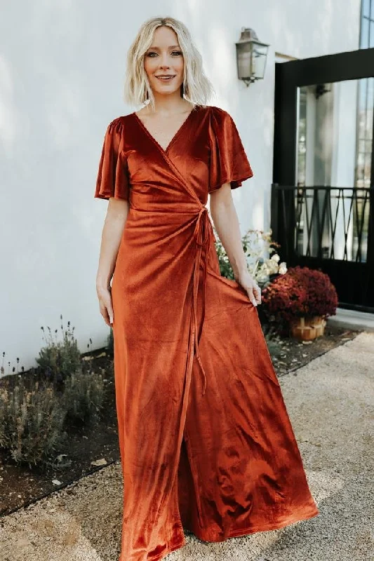 Meghan Velvet Wrap Maxi Dress | Rust Fashionable Halter Neck Maxi Dress