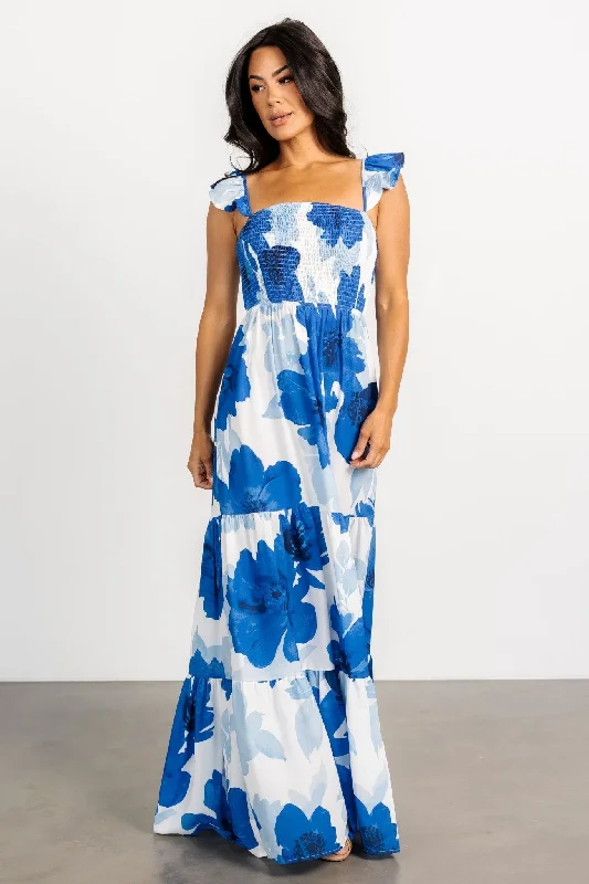 Mikaela Maxi Dress | Blue Floral Fashionable Off-Shoulder Maxi Dress