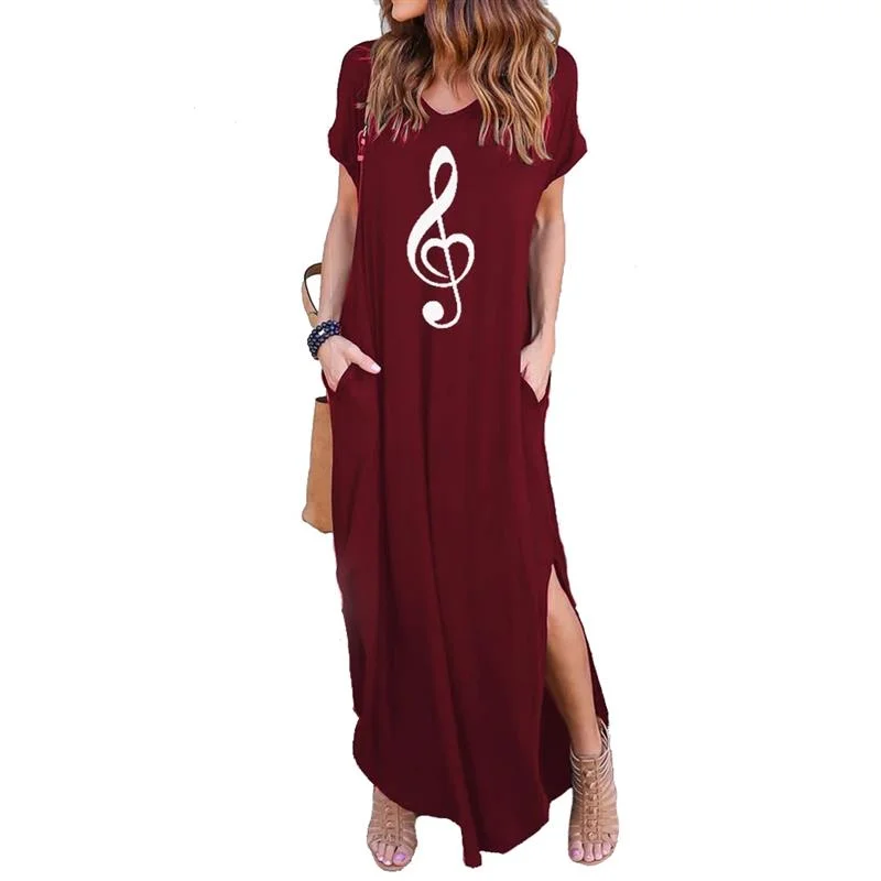 music Print women maxi dress fashion clothes american dresses Plus Size long vestidos sexy 2022 summer casual dress Comfortable Pleated Maxi Dress