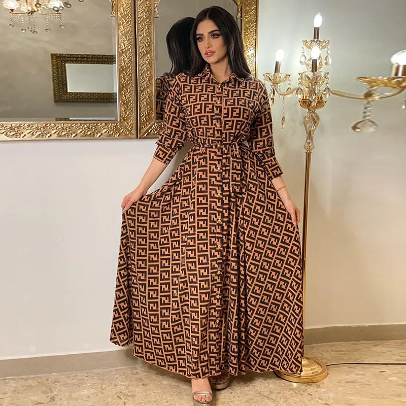 New Arrival Belted Print Abaya Long Dress with Button Dubai Islamic Clothing Women Muslim Maxi Dress Elegant Velvet Maxi Dress