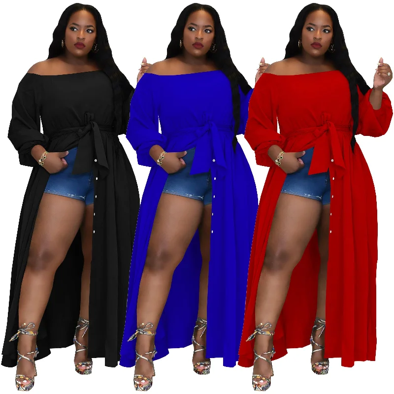 New Fashion Party High Street Woman Plus Size Women's Clothing Off Shoulder Split Maxi Dress with Belt Stylish Long Sleeve Maxi Dress