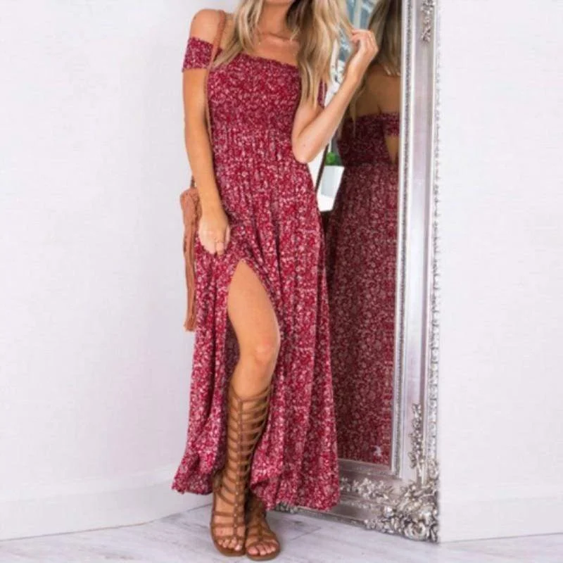 FashionSierra - New Fashion Women Boho Off shoulder High Waist Short Sleeve Maxi Dress Ladeis Summer Floral Beach Casual Long Sundress Classic V-Neck Maxi Dress