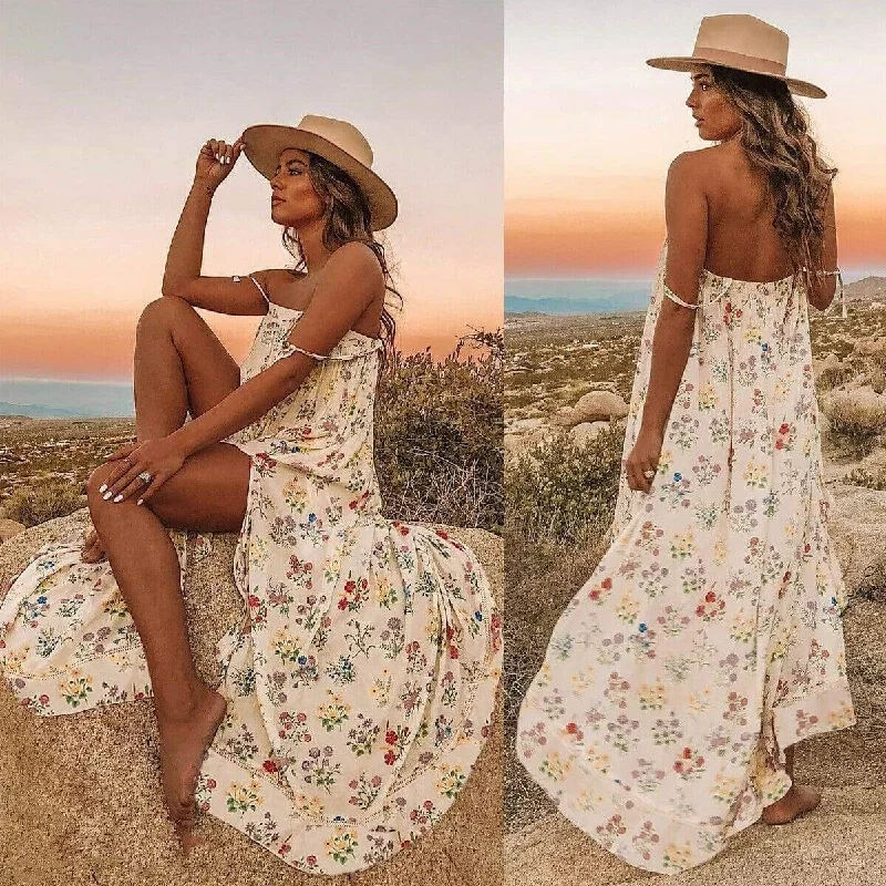 FashionSierra - New Women Boho Floral Long Maxi Dress Summer Beach Ladies Sleeveless Party Holiday Casual Loose Sundress Classic Solid Maxi Dress