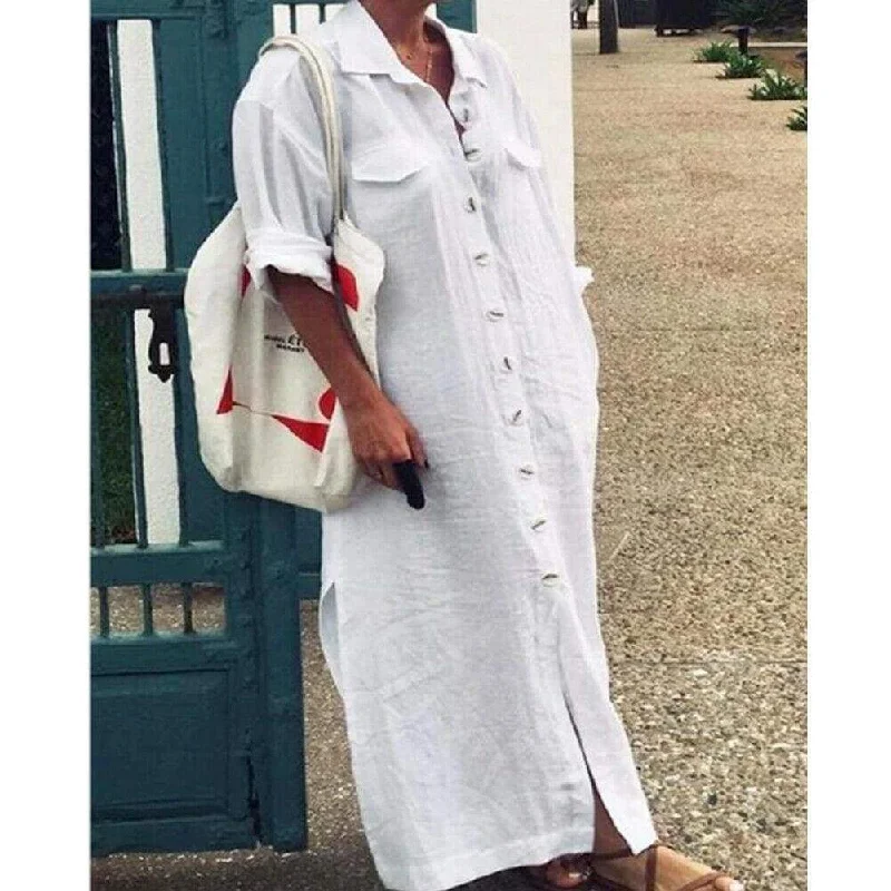 FashionSierra - New Women's Casual Plain Long Sleeve Maxi Dress Ladies Loose Kaftan Tunic Baggy Button Down Long Shirt Dresses Trendy Off-Shoulder Ruffle Maxi Dress