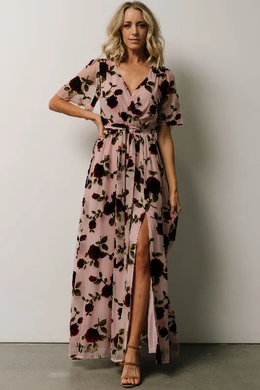 Parisian Velvet Maxi Dress | Blush Rose Floral Comfortable Long-Sleeve Maxi Dress