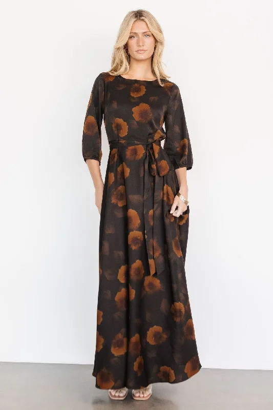 Paula Satin Maxi Dress | Deep Brown Floral Stylish Long Sleeve Maxi Dress