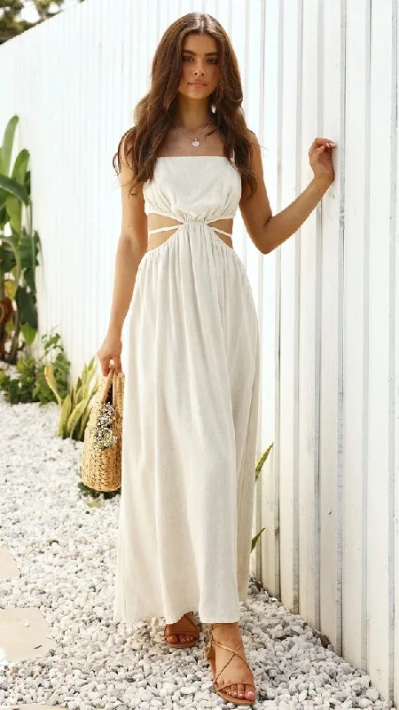 Rachelle Linen Blend Cutout Halter Maxi Dress - Taupe Stylish Longline Maxi Dress