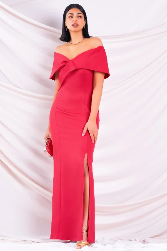 Red Off Shoulder Maxi Dress Cozy Knit Maxi Dress