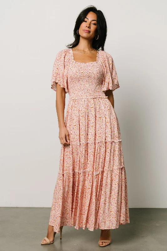 Regina Smocked Maxi Dress | Coral Floral Stylish Off-Shoulder Maxi Dress