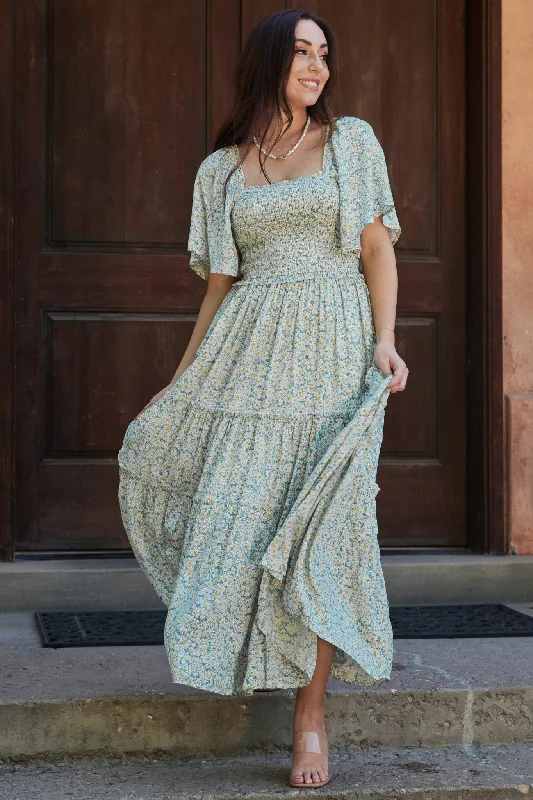 Regina Smocked Maxi Dress | Green Floral Fashionable Open-Back Maxi Dress