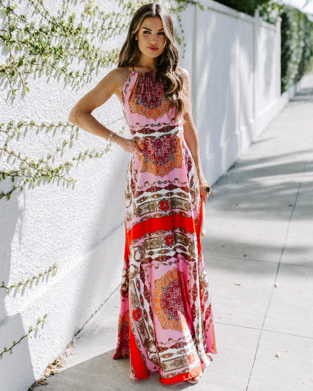 PREORDER - Reina Printed Halter Maxi Dress Fashionable Open-Back Maxi Dress