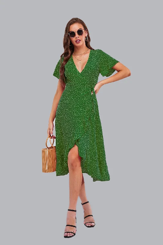 Rejoice Metallic Detailed Wrap Maxi Dress - Green - FINAL SALE Fashionable Asymmetrical Maxi Dress