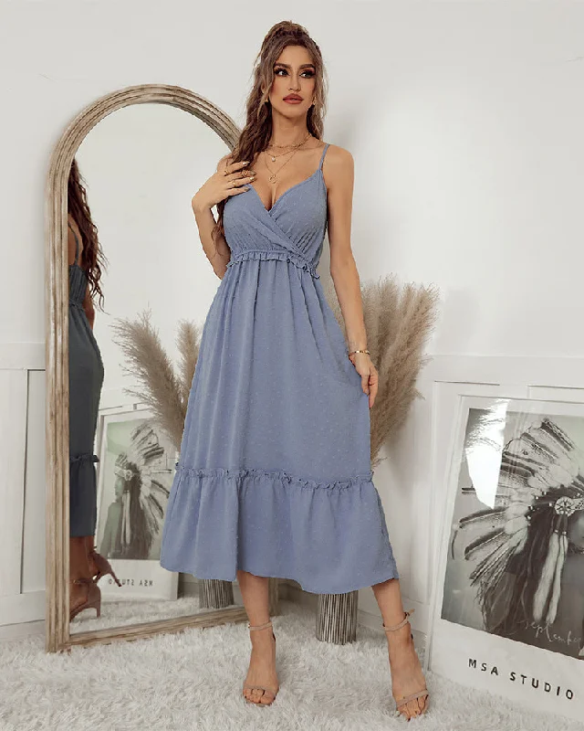 Remembered Always Swiss Dot Peplum Maxi Dress - Blue - FINAL SALE Chic Summer Maxi Dress