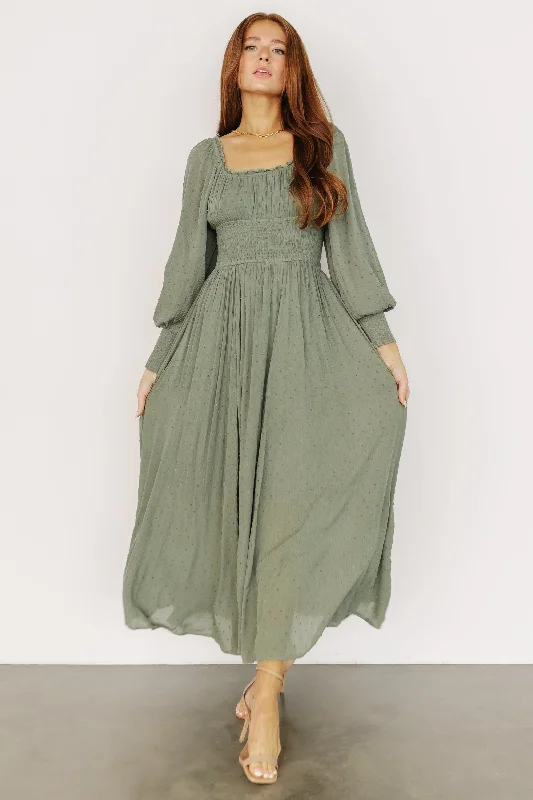 Renata Dot Maxi Dress | Dusty Olive Trendy Short Sleeve Maxi Dress