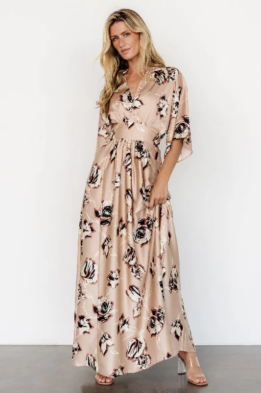 Romilly Satin Maxi Dress | Champagne Print Elegant Floral Maxi Dress